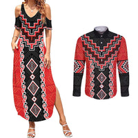 Red Niho Taniwha Mix Poutama Couples Matching Summer Maxi Dress and Long Sleeve Button Shirt Unique Taniko Aotearoa