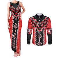 Red Niho Taniwha Mix Poutama Couples Matching Tank Maxi Dress and Long Sleeve Button Shirt Unique Taniko Aotearoa