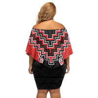 Red Niho Taniwha Mix Poutama Family Matching Off Shoulder Short Dress and Hawaiian Shirt Unique Taniko Aotearoa