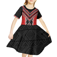 Red Niho Taniwha Mix Poutama Kid Short Sleeve Dress Unique Taniko Aotearoa