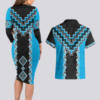 Sky Blue Niho Taniwha Mix Poutama Couples Matching Long Sleeve Bodycon Dress and Hawaiian Shirt Unique Taniko Aotearoa