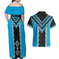 Sky Blue Niho Taniwha Mix Poutama Couples Matching Off Shoulder Maxi Dress and Hawaiian Shirt Unique Taniko Aotearoa