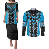 Sky Blue Niho Taniwha Mix Poutama Couples Matching Puletasi and Long Sleeve Button Shirt Unique Taniko Aotearoa