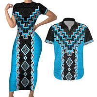 Sky Blue Niho Taniwha Mix Poutama Couples Matching Short Sleeve Bodycon Dress and Hawaiian Shirt Unique Taniko Aotearoa