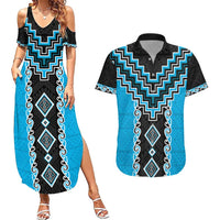 Sky Blue Niho Taniwha Mix Poutama Couples Matching Summer Maxi Dress and Hawaiian Shirt Unique Taniko Aotearoa