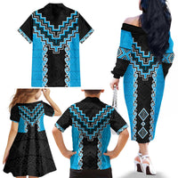 Sky Blue Niho Taniwha Mix Poutama Family Matching Off The Shoulder Long Sleeve Dress and Hawaiian Shirt Unique Taniko Aotearoa