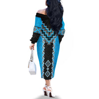 Sky Blue Niho Taniwha Mix Poutama Family Matching Off The Shoulder Long Sleeve Dress and Hawaiian Shirt Unique Taniko Aotearoa