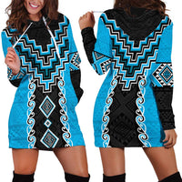 Sky Blue Niho Taniwha Mix Poutama Hoodie Dress Unique Taniko Aotearoa