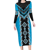 Sky Blue Niho Taniwha Mix Poutama Long Sleeve Bodycon Dress Unique Taniko Aotearoa