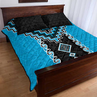 Sky Blue Niho Taniwha Mix Poutama Quilt Bed Set Unique Taniko Aotearoa