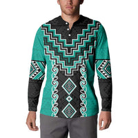 Teal Niho Taniwha Mix Poutama Button Sweatshirt Unique Taniko Aotearoa
