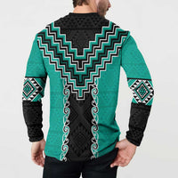 Teal Niho Taniwha Mix Poutama Button Sweatshirt Unique Taniko Aotearoa