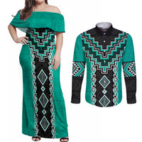 Teal Niho Taniwha Mix Poutama Couples Matching Off Shoulder Maxi Dress and Long Sleeve Button Shirt Unique Taniko Aotearoa LT01 Teal - Polynesian Pride
