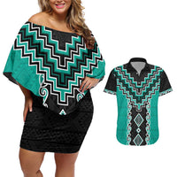 Teal Niho Taniwha Mix Poutama Couples Matching Off Shoulder Short Dress and Hawaiian Shirt Unique Taniko Aotearoa