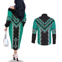 Teal Niho Taniwha Mix Poutama Couples Matching Off The Shoulder Long Sleeve Dress and Long Sleeve Button Shirt Unique Taniko Aotearoa