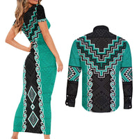 Teal Niho Taniwha Mix Poutama Couples Matching Short Sleeve Bodycon Dress and Long Sleeve Button Shirt Unique Taniko Aotearoa