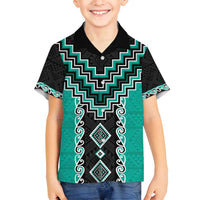 Teal Niho Taniwha Mix Poutama Family Matching Long Sleeve Bodycon Dress and Hawaiian Shirt Unique Taniko Aotearoa