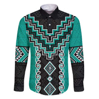 Teal Niho Taniwha Mix Poutama Family Matching Off The Shoulder Long Sleeve Dress and Hawaiian Shirt Unique Taniko Aotearoa