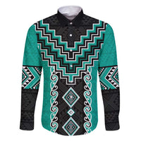 Teal Niho Taniwha Mix Poutama Family Matching Off Shoulder Maxi Dress and Hawaiian Shirt Unique Taniko Aotearoa