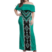 Teal Niho Taniwha Mix Poutama Off Shoulder Maxi Dress Unique Taniko Aotearoa