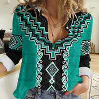 Teal Niho Taniwha Mix Poutama Women Casual Shirt Unique Taniko Aotearoa