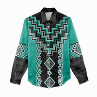Teal Niho Taniwha Mix Poutama Women Casual Shirt Unique Taniko Aotearoa