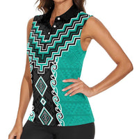 Teal Niho Taniwha Mix Poutama Women Sleeveless Polo Shirt Unique Taniko Aotearoa