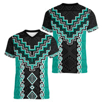 Teal Niho Taniwha Mix Poutama Women V-Neck T-Shirt Unique Taniko Aotearoa
