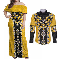 Yellow Niho Taniwha Mix Poutama Couples Matching Off Shoulder Maxi Dress and Long Sleeve Button Shirt Unique Taniko Aotearoa