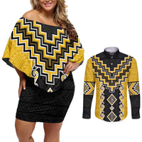 Yellow Niho Taniwha Mix Poutama Couples Matching Off Shoulder Short Dress and Long Sleeve Button Shirt Unique Taniko Aotearoa