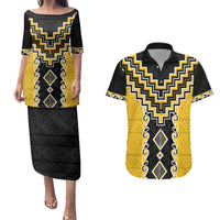 Yellow Niho Taniwha Mix Poutama Couples Matching Puletasi and Hawaiian Shirt Unique Taniko Aotearoa