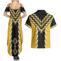 Yellow Niho Taniwha Mix Poutama Couples Matching Summer Maxi Dress and Hawaiian Shirt Unique Taniko Aotearoa