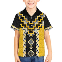 Yellow Niho Taniwha Mix Poutama Family Matching Puletasi and Hawaiian Shirt Unique Taniko Aotearoa