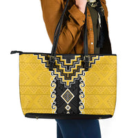 Yellow Niho Taniwha Mix Poutama Leather Tote Bag Unique Taniko Aotearoa