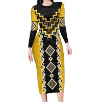 Yellow Niho Taniwha Mix Poutama Long Sleeve Bodycon Dress Unique Taniko Aotearoa