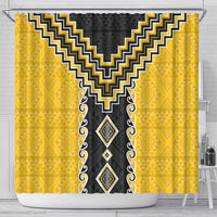 Yellow Niho Taniwha Mix Poutama Shower Curtain Unique Taniko Aotearoa