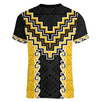 Yellow Niho Taniwha Mix Poutama Women V-Neck T-Shirt Unique Taniko Aotearoa