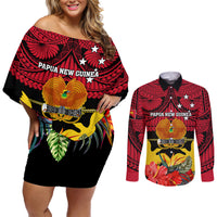 Personalised Papua New Guinea Couples Matching Off Shoulder Short Dress and Long Sleeve Button Shirts Bird Of Paradise Mix Polynesian Pattern LT01 Red - Polynesian Pride