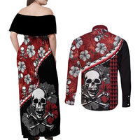 Hawaii Halloween Couples Matching Off Shoulder Maxi Dress and Long Sleeve Button Shirts Hibiscus Skull Kakau Pattern LT01 - Polynesian Pride