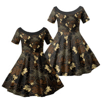 Javanese Batik Semen Family Matching Off Shoulder Maxi Dress and Hawaiian Shirt Indonesian Traditional Pattern LT01 Daughter's Dress Black - Polynesian Pride
