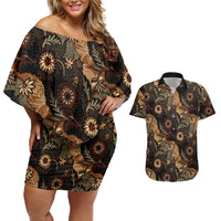 Batik Pedalaman Semen Lereng Style Couples Matching Off Shoulder Short Dress and Hawaiian Shirt Indonesian Traditional Pattern