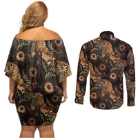 Batik Pedalaman Semen Lereng Style Couples Matching Off Shoulder Short Dress and Long Sleeve Button Shirt Indonesian Traditional Pattern