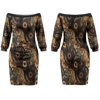 Batik Pedalaman Semen Lereng Style Family Matching Off The Shoulder Long Sleeve Dress and Hawaiian Shirt Indonesian Traditional Pattern LT01 Mom's Dress Black - Polynesian Pride
