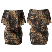 Batik Pedalaman Semen Lereng Style Family Matching Off Shoulder Short Dress and Hawaiian Shirt Indonesian Traditional Pattern LT01 Mom's Dress Black - Polynesian Pride