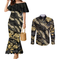 Gold Tropical Leaves Hawaii Mikioi Lei Couples Matching Mermaid Dress and Long Sleeve Button Shirt Luxury Stylized - Polynesian Pride
