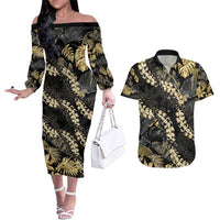 Gold Tropical Leaves Hawaii Mikioi Lei Couples Matching Off The Shoulder Long Sleeve Dress and Hawaiian Shirt Luxury Stylized - Polynesian Pride