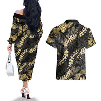 Gold Tropical Leaves Hawaii Mikioi Lei Couples Matching Off The Shoulder Long Sleeve Dress and Hawaiian Shirt Luxury Stylized - Polynesian Pride