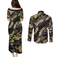 Gold Tropical Leaves Hawaii Mikioi Lei Couples Matching Puletasi and Long Sleeve Button Shirt Luxury Stylized - Polynesian Pride