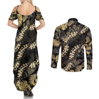 Gold Tropical Leaves Hawaii Mikioi Lei Couples Matching Summer Maxi Dress and Long Sleeve Button Shirt Luxury Stylized - Polynesian Pride