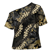 Gold Tropical Leaves Hawaii Mikioi Lei Cross Shoulder Shirt Luxury Stylized - Polynesian Pride